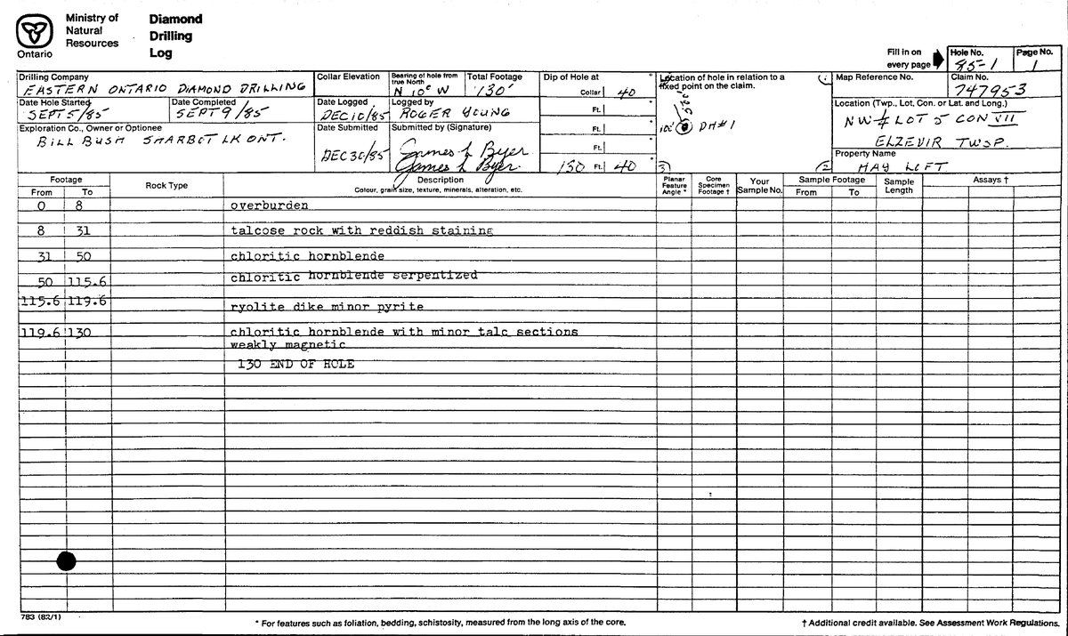 Scanned 1985 diamond drilling log for hole 85-1 with typewritten and handwritten entries
